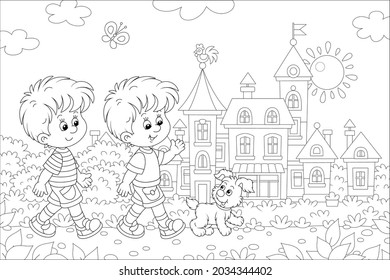 Happy little boys friendly smiling, talking and walking with their merry pup along a pretty street of a small town on a sunny summer day, black and white outline vector cartoon illustration