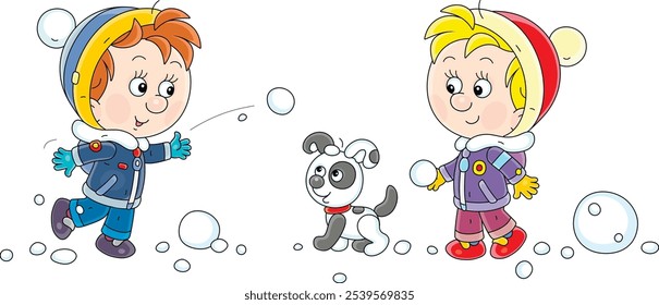 Los niños pequeños felices con un cachorro divertido se divierten jugando bolas de nieve en un patio nevado en un parque invernal, ilustración de dibujos animados de Vector sobre un fondo blanco