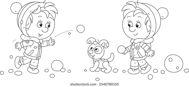 Los niños pequeños felices con un cachorro divertido se divierten jugando bolas de nieve en un patio nevado en un parque invernal, ilustración de dibujos animados de Vector de contorno blanco y negro para un libro para colorear