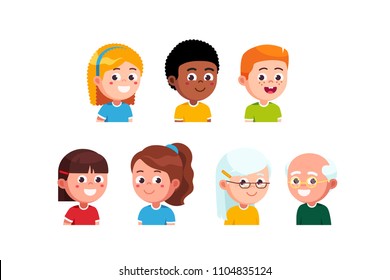 Happy little boys & gils kids and senior couple closeup head portraits collection. Smiling diverse kids & elder people face cartoon characters set. Flat style vector illustration isolated on white