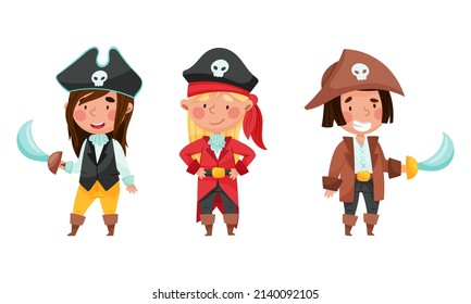 Happy little boys and girl dressed in pirate costumes with daggers set cartoon vector illustration