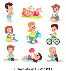 Happy little boys and girls playing with toys set, cute kids enjoying playing colorful cartoon vector Illustrations