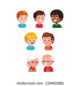 Happy little boys kids and senior couple closeup head portraits collection. Smiling diverse kids & elder people face cartoon characters set. Flat style vector illustration isolated on white