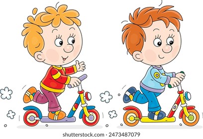 Happy little boys merrily riding their toy scooters on a playground in a park on a summer vacation, vector cartoon illustration isolated on a white background