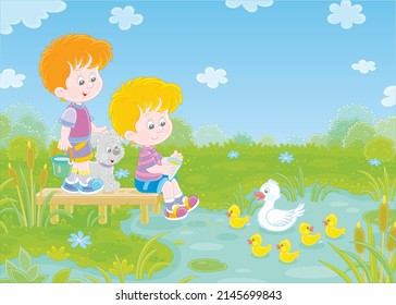 Happy little boys with a merry pup feeding small yellow ducklings and a white duck swimming on a pretty lake in countryside on a warm summer day, vector cartoon illustration