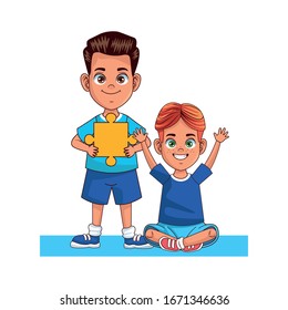happy little boys with puzzle pieces avatars characters vector illustration design