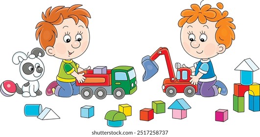 Happy little boys with a small puppy friendly talking, romping and playing with their toy cars and baby cubes in a playroom, vector cartoon illustration on a white background