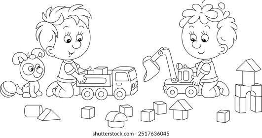 Happy little boys with a small puppy friendly talking, romping and playing with their toy cars and baby cubes in a playroom, black and white vector cartoon illustration for a coloring book