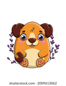 Happy little brown cartoon dog with large purple eyes and floppy ears sitting amongst flowers in spring, flat cartoon colored vector illustration isolated on white for use as a design element