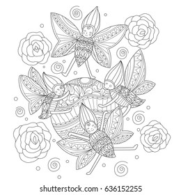 Happy little bug. Zentangle stylized cartoon isolated on white background. Hand drawn sketch illustration for adult coloring book. T-shirt emblem, logo or tattoo, zentangle design elements.