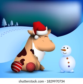 happy little bull, ox in winter clothes makes snowman. Symbol of 2021 of Chinese calendar with satisfied smile on face. Funny animals. Vector