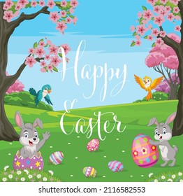 Happy little bunnies cartoon with easter eggs in spring forest