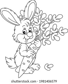 Happy little bunny with a ripe tasty carrot from a summer vegetable garden, black and white outline vector cartoon illustration for a coloring book page