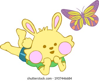 Happy Little Bunny and watching a butterfly passing by