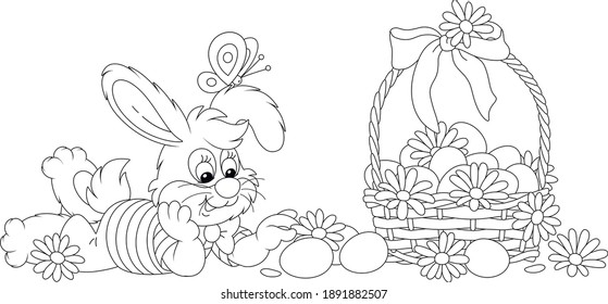 Happy little bunny and a wicker basket of Easter eggs decorated with flowers and a ribbon bow, black and white outline vector cartoon illustration for a coloring book page