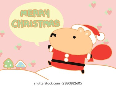 Happy little capybara says Merry Christmas, cartoon style with background.