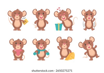 Happy little cartoon mice with cheese vector illustration cute character flat design icon animal wildlife baby mascot smile small pet graphic drawing collection tail fun comic nature isolated

