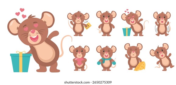 Happy little cartoon mice with cheese vector illustration cute character flat design icon animal wildlife baby mascot smile small pet graphic drawing collection tail fun comic nature isolated

