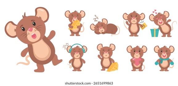 Happy little cartoon mice with cheese vector illustration cute character flat design icon animal wildlife baby mascot smile small pet graphic drawing collection tail fun comic nature isolated

