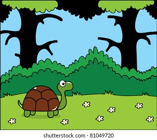 Happy little cartoon turtle in the forest vector illustration