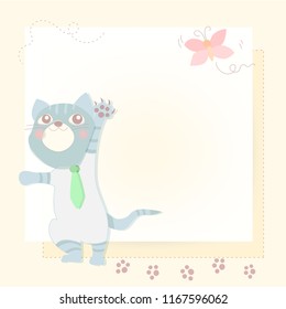 Happy little cat with pink butterfly in pastel color background.Cute character design. Cartoon vector illustration.