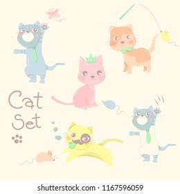 Happy little cat and rat set in pastel color background.Cute character design. Cartoon vector illustration.
