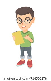 Happy little caucasian boy in glasses writing on the paper attached to a clipboard. Laughing boy holding clipboard and pencil. Vector sketch cartoon illustration isolated on white background.