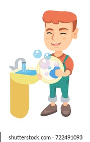 Happy little caucasian boy washing dishes in the sink. Smiling boy doing dishes and having fun with helping his parents with housework. Vector sketch cartoon illustration isolated on white background.