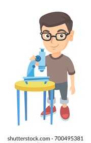 Happy little caucasian schoolboy in glasses conducting experiment with a microscope. Smiling schoolboy standing near a microscope. Vector sketch cartoon illustration isolated on white background.