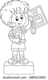 Happy little champion holding a medal and a prize cup of a winner and standing on a podium of competitions at an award ceremony, black and white outline vector cartoon illustration