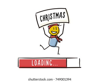 Happy little character happily running with christmas message above his head and a loading bar above him. Christmas is coming concept. Vector doodle illustration