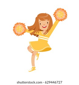 Happy little cheerleader girl dancing with yellow pompoms. Colorful cartoon character vector Illustration