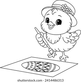 Happy little chick drawing a Easter egg coloring page