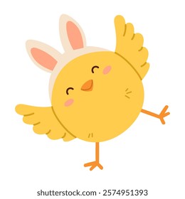 Happy little chick with Easter bunny ears. Flat isolated vector illustration