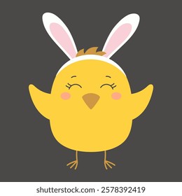 happy little chick with easter bunny ears, flat vector illustration isolated