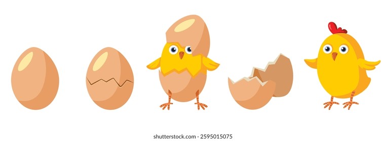 
Happy Little Chick Hatching an Egg Vector Cartoon Illustration. Cheerful yellow chicken emerging from fresh eggs 
