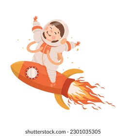 Happy little child astronaut in spacesuit flying on rocket in outer space cartoon vector illustration