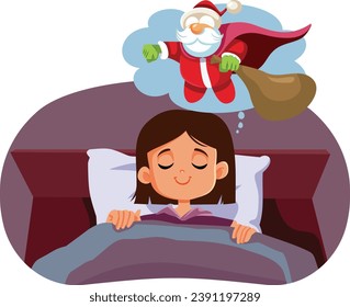 
Happy Little Child Dreaming of Santa Claus on Christmas Vector Illustration. Cheerful little kid awaiting for Xmas presents making a wish in her sleep
