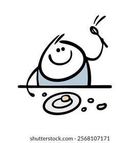 Happy little child hits a plate with a spoon and throws food around. Vector illustration of an ill-mannered boy sitting at a table. Isolated cartoon character on white background.