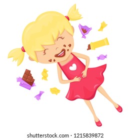 Happy little child lying on the floor in a pile of chocolates and candies. A girl who has eaten too much chocolate. Anti-diet vector illustration