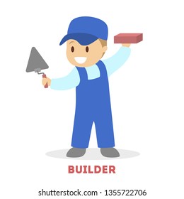 Happy little child play as builder. Kid in a uniform holding special equipment. Construction worker concept. Flat vector illustration isolated