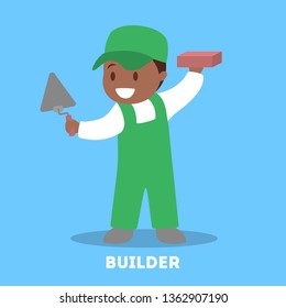 Happy little child play as builder. Kid in a uniform holding special equipment. Construction worker concept. Flat vector illustration isolated