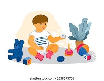 A happy little child sits and plays with a bear, a pyramid, a ball, and cubes. The concept of a happy childhood, motherhood and parenthood. Cute cartoon vector illustration for a toy store.