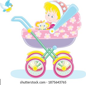 Happy little child sitting in a colorful baby carriage and watching a flying small bird on a winter walk, vector cartoon illustration isolated on a white background