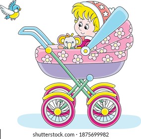 Happy little child sitting in a colorful baby carriage and watching a flying small bird on a winter walk, vector cartoon illustration isolated on a white background