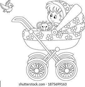 Happy little child sitting with a funny toy in a baby carriage and watching a flying small bird, black and white outline vector cartoon illustration for a coloring book page