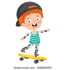 Happy Little Child Skateboarding Outside