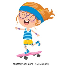 Happy Little Child Skateboarding Outside