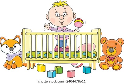 Happy little child in a small cot and funny colorful toys for playing in a nursery room, vector cartoon illustration on a white background