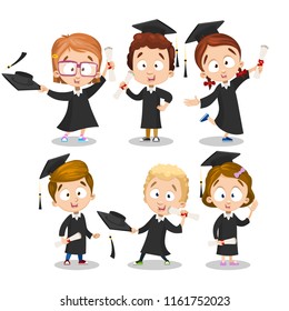 Happy little children in black cloak and graduation cap holding diplomas. Smiling boys and girls graduates cartoon personages. Cheerful graduates celebrating. Cute kids characters vector illustration